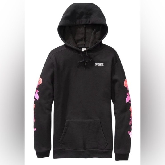 PINK women’s XS oversized floral black hooded sweatshirt - Picture 1 of 4
